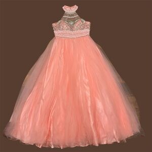 CINDERELLA BALL GOWN SIZE 14 PEACHY PINK RHINE STONES PEARLS BEADS Tulle Satin